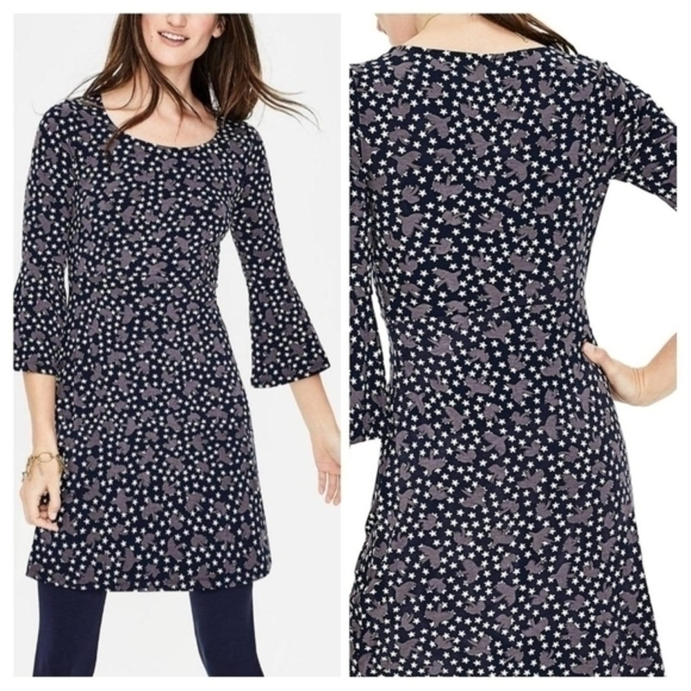 Boden shift dress size 6p bell sleeve star bird‎ print midi stretchy